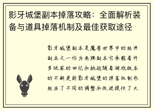 影牙城堡副本掉落攻略：全面解析装备与道具掉落机制及最佳获取途径